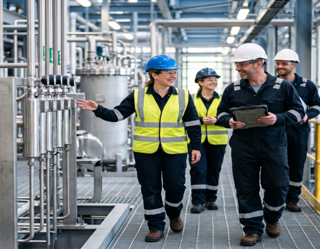 Engineers conducting an on-site installation and commissioning check on an industrial gas plant